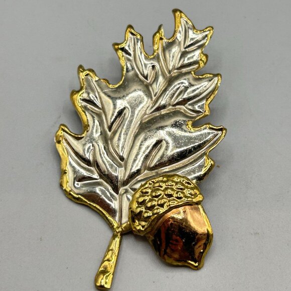 Oak Leaf Acorn Pin Brooch Brutalist Handcrafted Mixed Metals Oversized Signed SJ - Picture 6 of 7